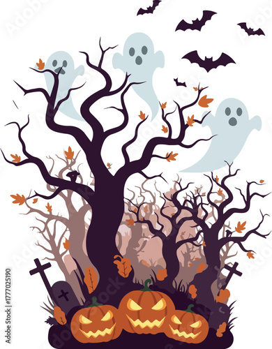 Spooky Halloween Ghosts and Pumpkins in Dark Pixel Art Forest