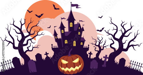 Spooky Halloween Castle With Pumpkin And Bats Orange Sky Minimal Illustration