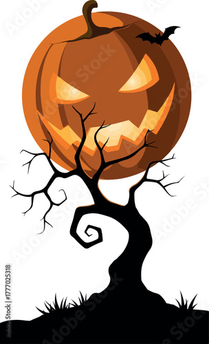 Spooky Halloween Pumpkin Tree with Bat and Moonlit Glow