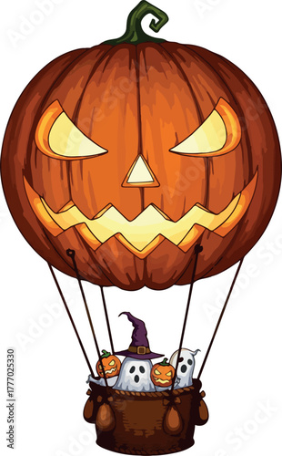 Spooky Halloween Pumpkin Hot Air Balloon with Ghosts and Jack-o-Lanterns