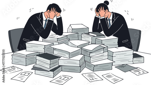 Stressed Business People Overwhelmed By Large Paperwork Pile Flat Illustration