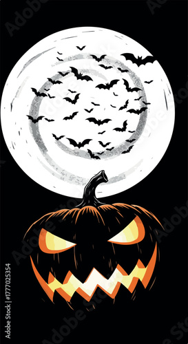 Spooky Halloween Pumpkin with Bats Flying Across a Swirling Moon