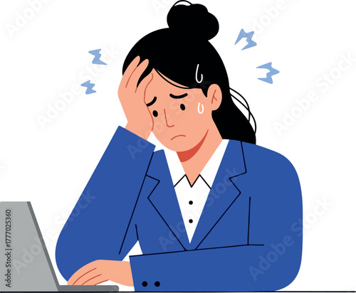 Stressed Business Woman Blue Suit Working Laptop Headache