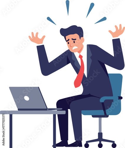 Stressed Businessman Frustrated at Laptop in Office Flat Design Illustration