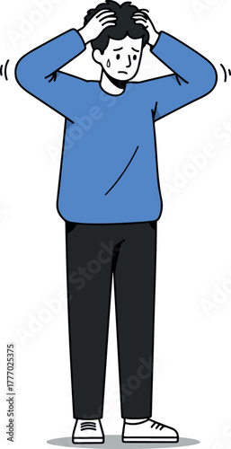 Stressed Man In Blue Sweater Black Pants Holding Head White Background Flat Art