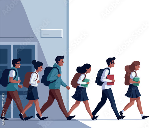 Students Walking School Background with Backpacks Books and Uniforms