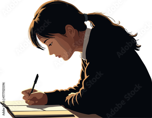 Student Writing Focused Study Session Warm Tones Vector Art