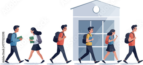 Students Walking to School Building With Backpacks and Books Pixel Art