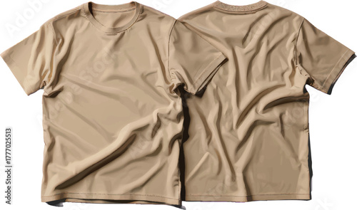 Front and back view of a plain tan short-sleeved t-shirt isolated on a white background.
