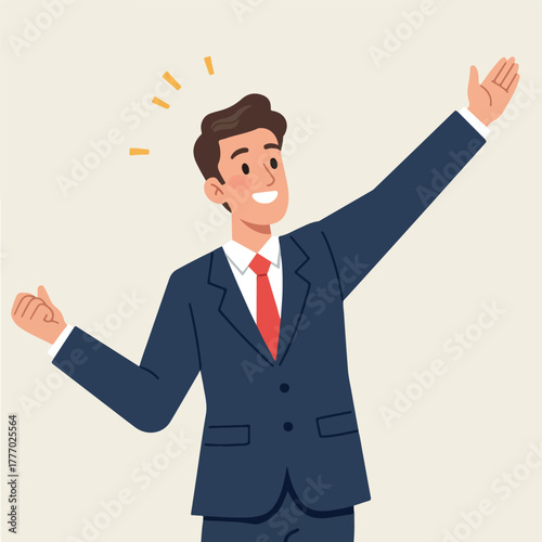 Successful Businessman In Blue Suit With Red Tie Celebrating Victory Isolated Flat Design