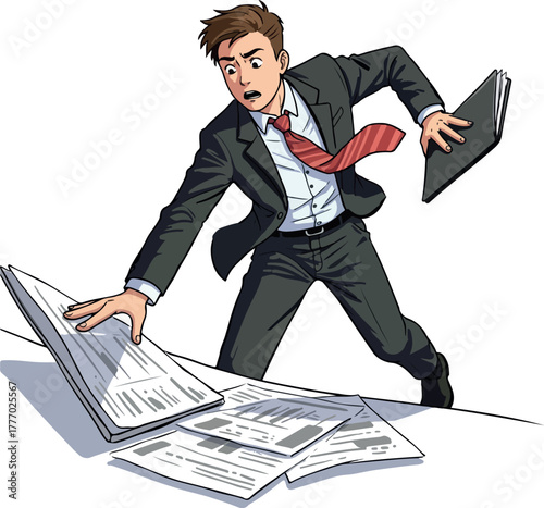 Surprised Businessman In Suit Dropping Papers In Office