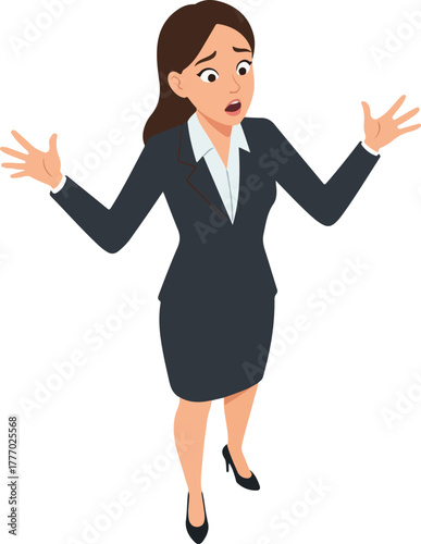 Surprised Businesswoman in Black Suit White Blouse Isolated on White