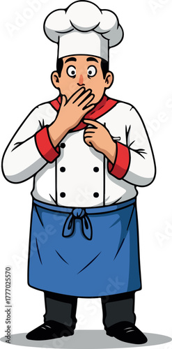 Surprised Chef Covering Mouth White Hat Red Trim Uniform Blue Apron Isolated
