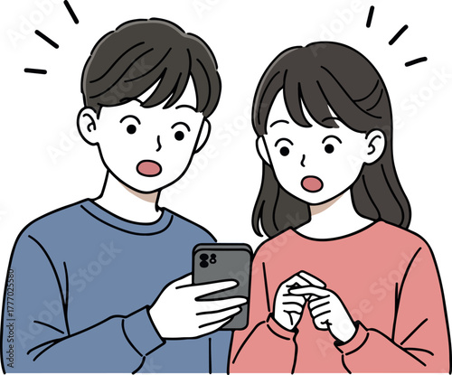 Surprised Couple Looking at Phone Together Minimalist Flat Design