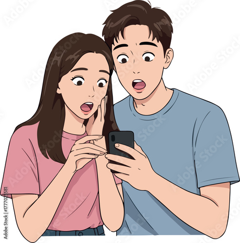 Surprised Couple Looks At Phone Together Pink Blue Shirt Outfit