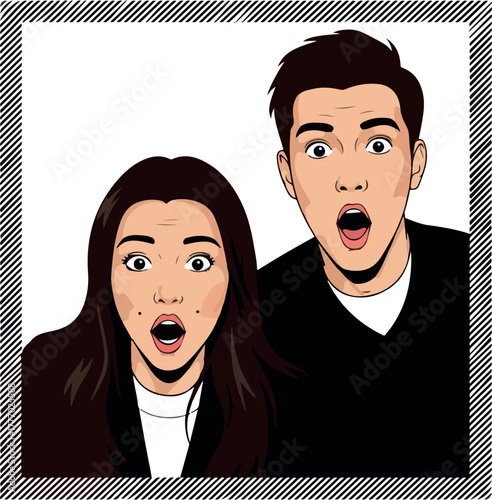 Surprised Couple Wide Eyed Shocked Faces Vector Illustration