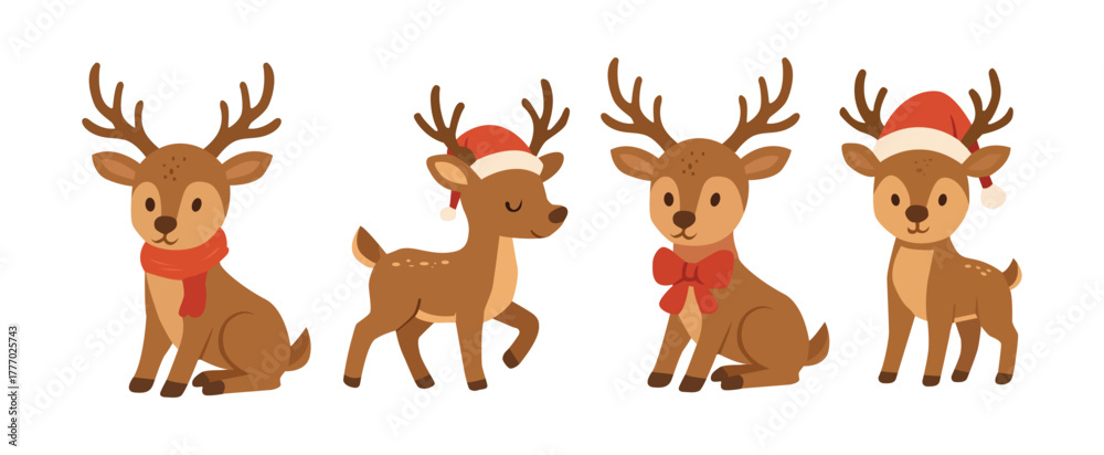 Fototapeta premium Set of cute cartoon reindeer wearing scarves, bows, and Santa hats.