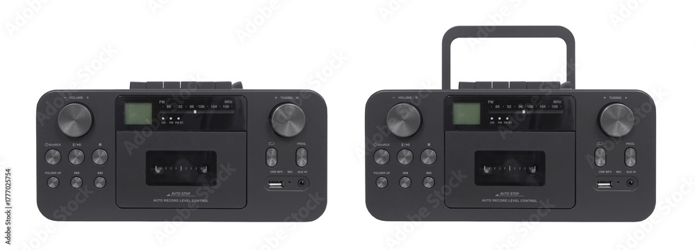 Fototapeta premium Retro stereo Boombox radio, cassette tape player, CD on a transparent background.