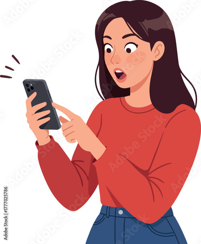 Surprised Woman Red Sweater Blue Jeans Holding Smartphone Looking Shocked