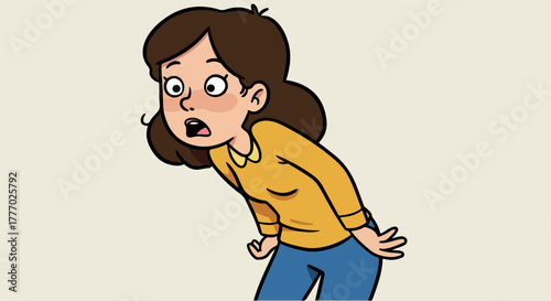 Surprised Woman Yellow Sweater Blue Jeans Light Background Minimalist Vector