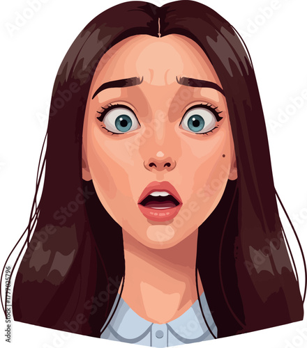 Surprised Woman Wide Eyes Open Mouth Light Blue Shirt Dark Hair Isolated