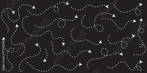 Clean dot arrows style doodle set hand drawn. Curve Dotted line, preliminary