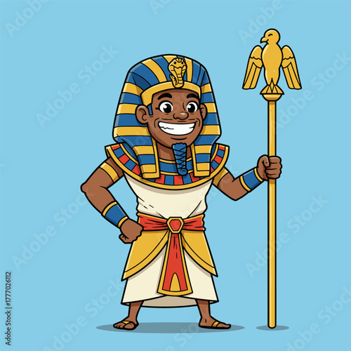 Smiling cartoon pharaoh in Nemes crown and regal robes holding a golden staff with a Horus falcon top.