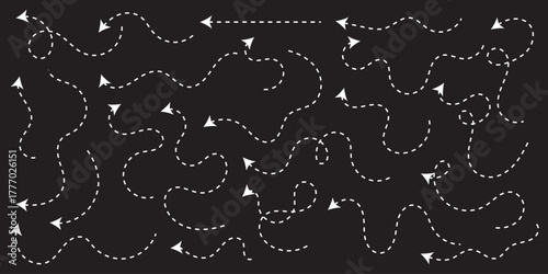 Clean dot arrows style doodle set hand drawn. Curve Dotted line, preliminary