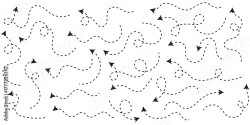 Clean dot style hand drawn doodle arrows set. Clean dot arrows style doodle set hand drawn. Curve Dotted line, preliminary. isolated on white background vector collection