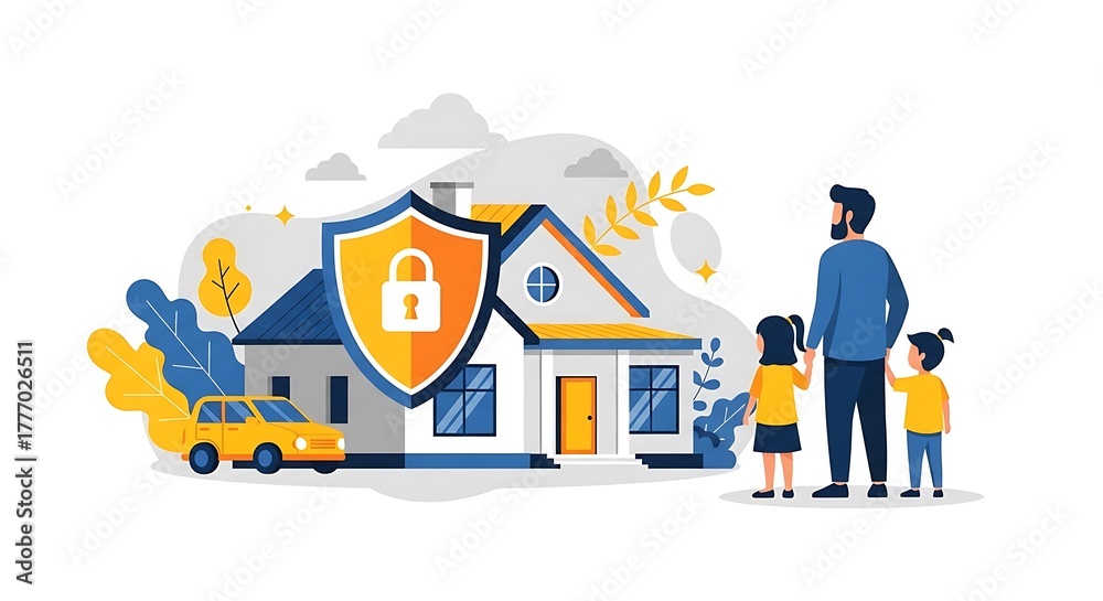 Obraz premium Family protected by home security shield with lock symbol