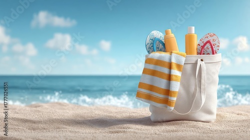 Beach scene with white bag sunscreen flip flops concept. Beach bag with towel, sunscreen, and accessories by the ocean.