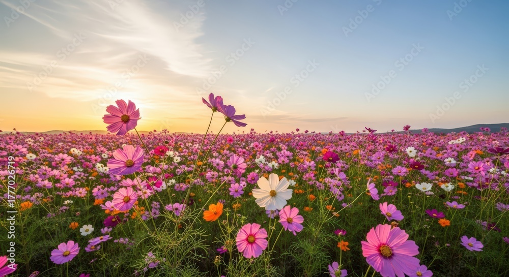 Obraz premium Vast Field Of Colorful Cosmos Flowers Under Golden Sunset Sky With Gentle Breeze