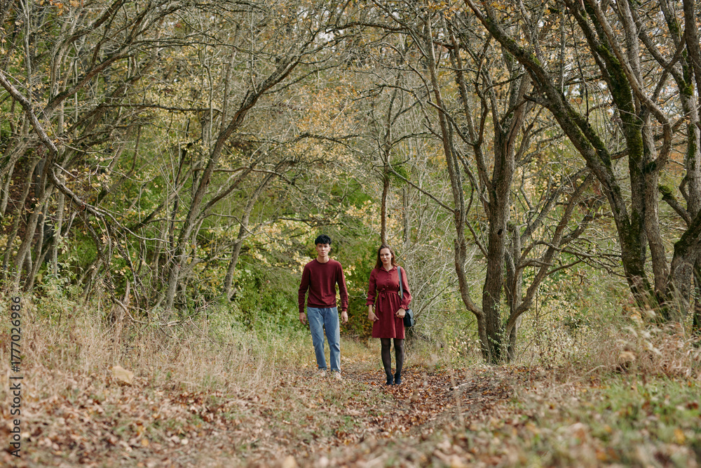 Naklejka premium A candid, authentic portrait of a couple walking hand in hand along a quiet autumn woodland path, conveying genuine connection, natural expressions and a simple outdoor lifestyle.