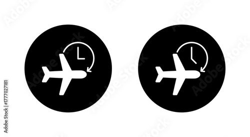 Airplane delay icon in black circle. Flight with clock and circular arrow symbol for schedule change