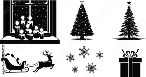 Christmas icons black and white, Santa sleigh, snowflakes, gift box, decorated tree, candles in window, festive winter illustration, holiday