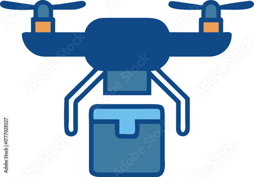 Blue drone carrying a light blue package with orange accents delivery cargo