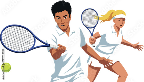 Tennis Players White Outfits Dynamic Action White Background
