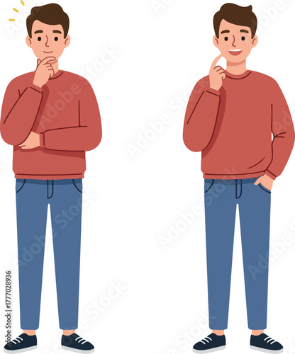 Thoughtful Man Pondering and Smiling in Casual Outfit Isolated on White