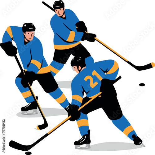 Three Hockey Players in Blue and Yellow Uniforms Playing a Game