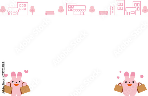たくさん買い物するうさぎたちと街のフレーム