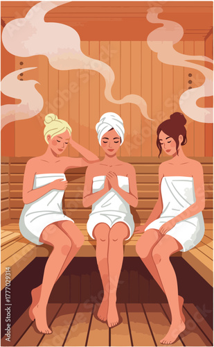 Three Women Enjoying Sauna Steam Wood Interior Towels Relaxation