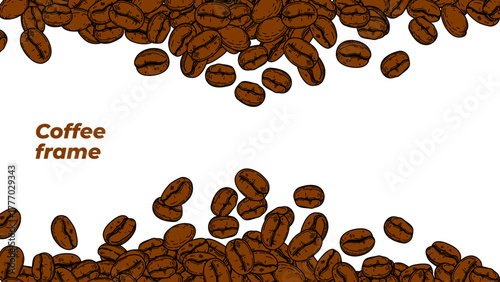 coffee background. Coffee beans in frame, border. Coffee beans isolated on a white background. Coffee Beans Illustration for packaging.