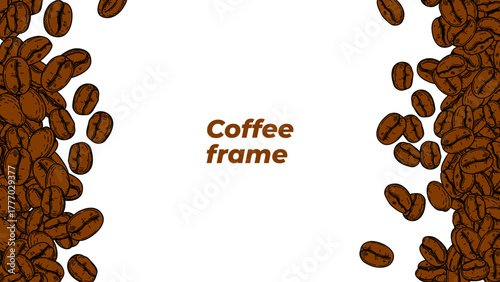 coffee background. Coffee beans in frame, border. Coffee beans isolated on a white background. Coffee Beans Illustration for packaging.