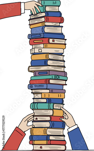 Tower Of Books Vector Flat Design With Hands Holding Blue Red White