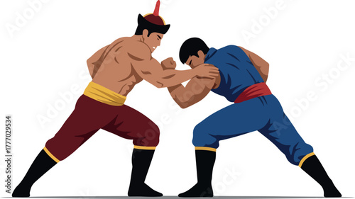 Traditional Mongolian Wrestling Match Men In Action Pixel Art Isolated