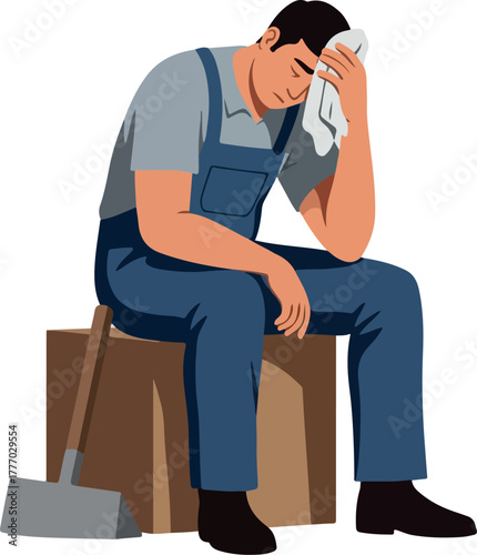 Tired Worker In Blue Overalls Wipes Sweat On A Box