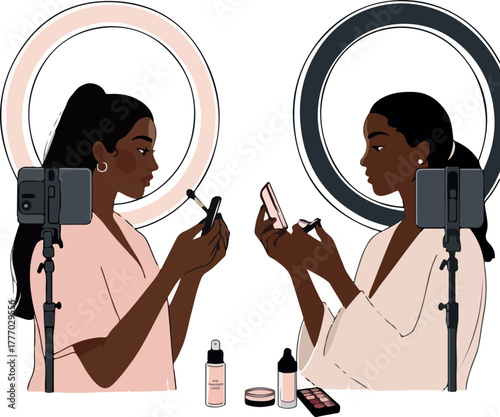 Two Black Women Applying Makeup With Ring Lights and Phone Tripods