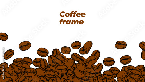 coffee background. Coffee beans in frame, border. Coffee beans isolated on a white background. Coffee beans wallpaper. Coffee Beans Illustration for packaging.