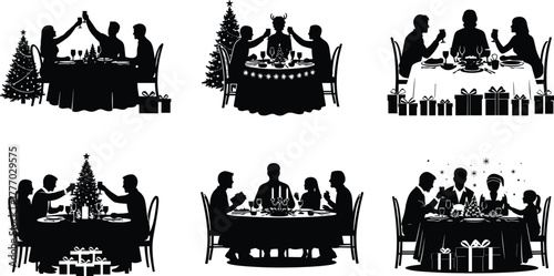 Christmas family dinner, festive celebration, holiday gathering, silhouette people, decorated tree, gifts, candles, snowflakes, joyful meal, winter party scene