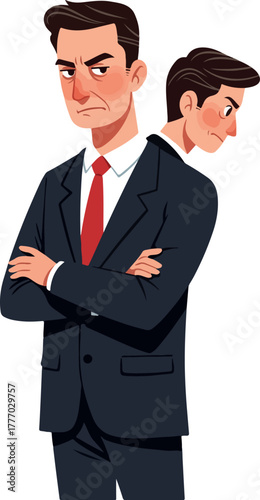 Two-Faced Businessman In Dark Suit With Red Tie And Intense Glare